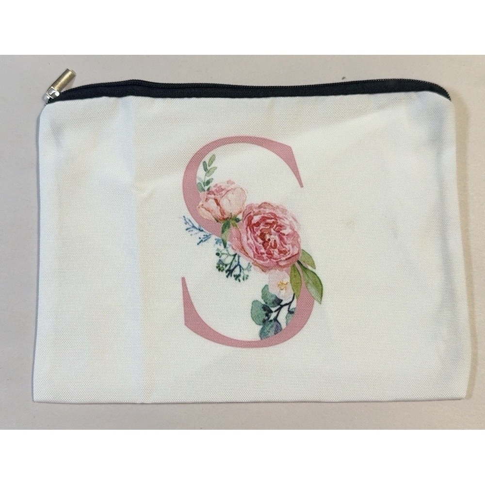 Z0232-Floral Initial Makeup Bag Cosmetic Pouch Zipper 8.5" x 6" Pink Rose New